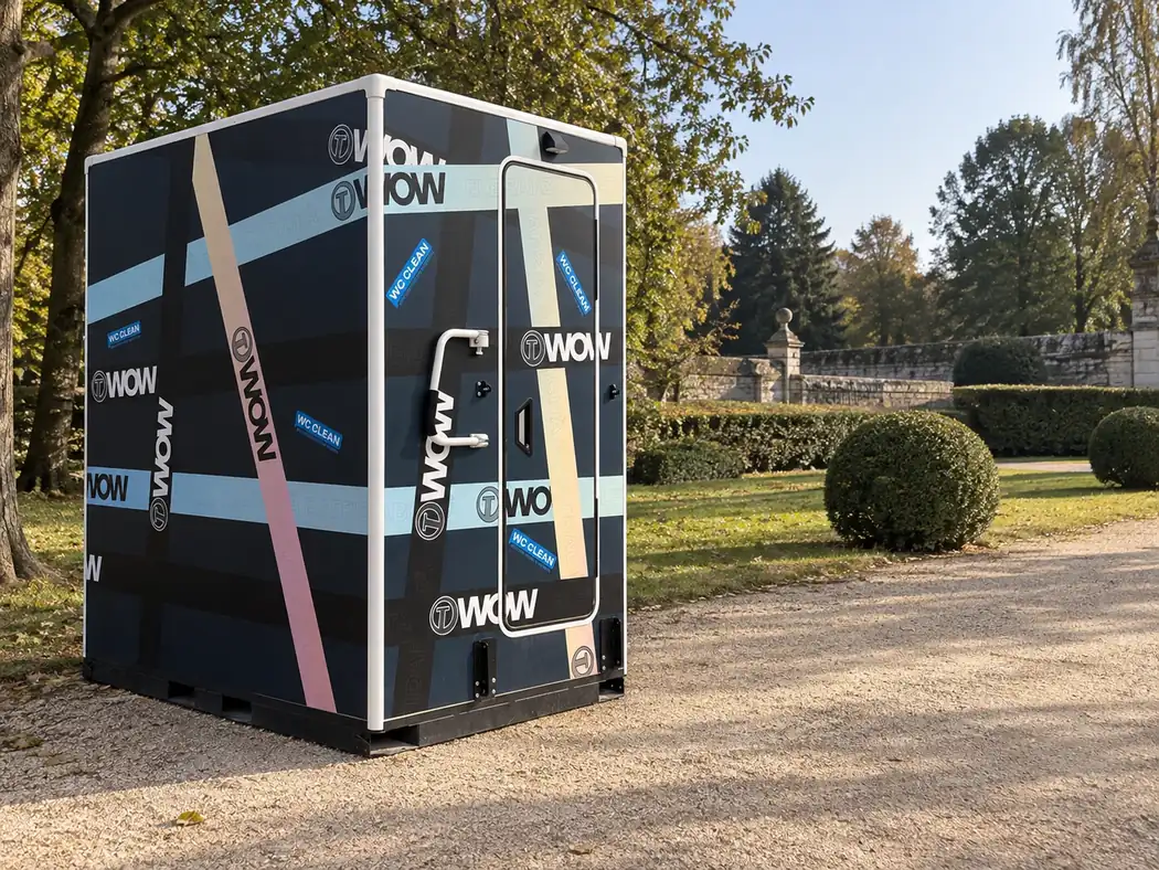 Sanitaires autonomes Prestige installés dans le parc d'un domaine, le long d'une allée gravillonnée